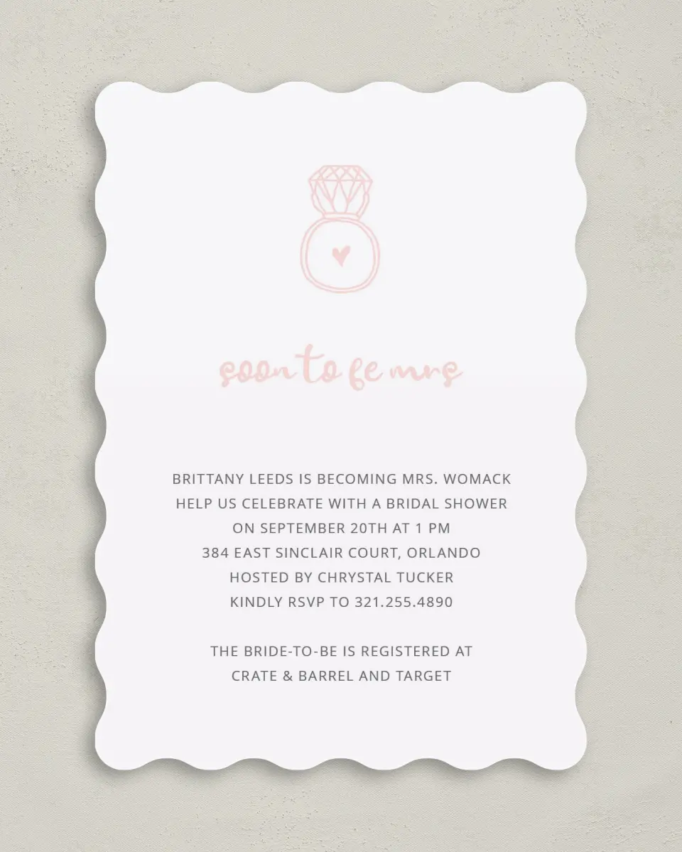 This is a 5" x 7" Bridal Shower Invitation called Ringing Heart printed in full color on Premium Smooth paper