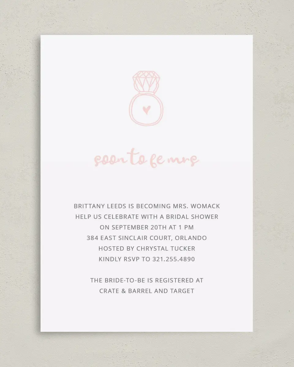 This is a 5" x 7" Bridal Shower Invitation called Ringing Heart printed in full color on Premium Smooth paper