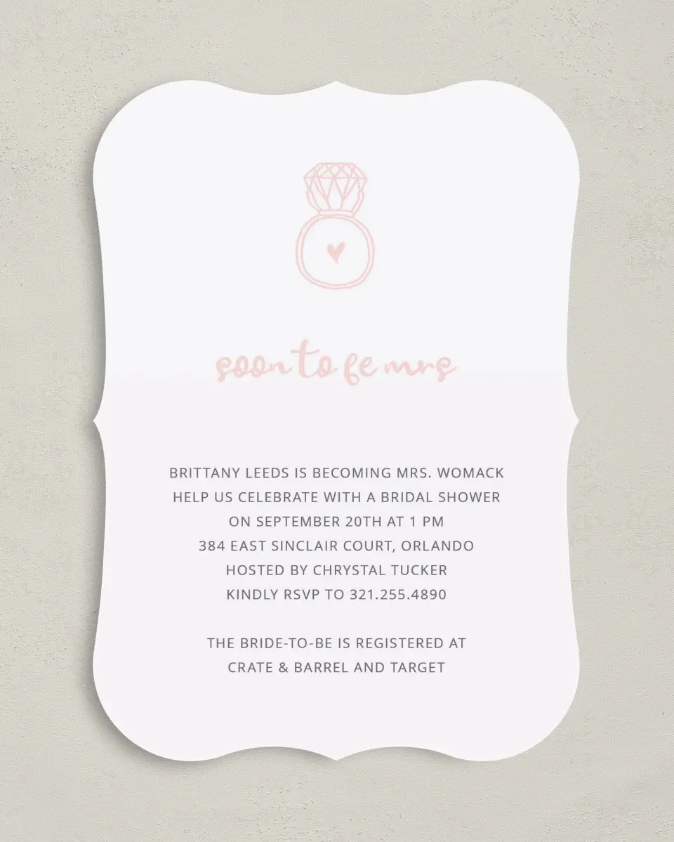 This is a 5" x 7" Bridal Shower Invitation called Ringing Heart printed in full color with Gold foil on Luxe Satin (coated) paper