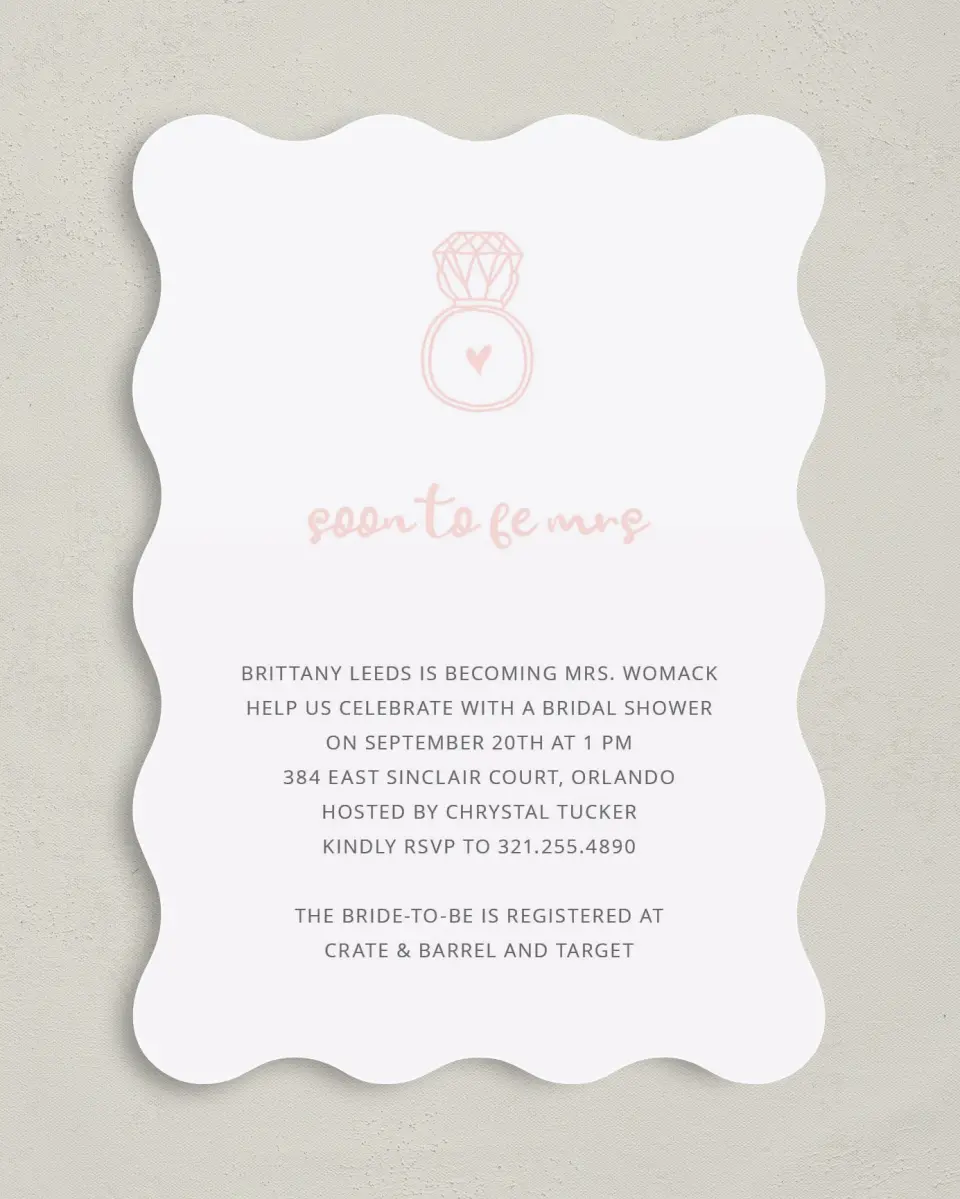 This is a 5" x 7" Bridal Shower Invitation called Ringing Heart printed in full color with Gold foil on Luxe Satin (coated) paper
