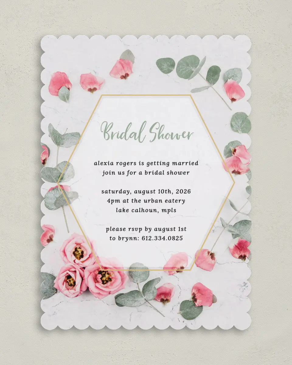 This is a 5" x 7" Bridal Shower Invitation called Bridal Bliss printed in full color on Premium Smooth paper