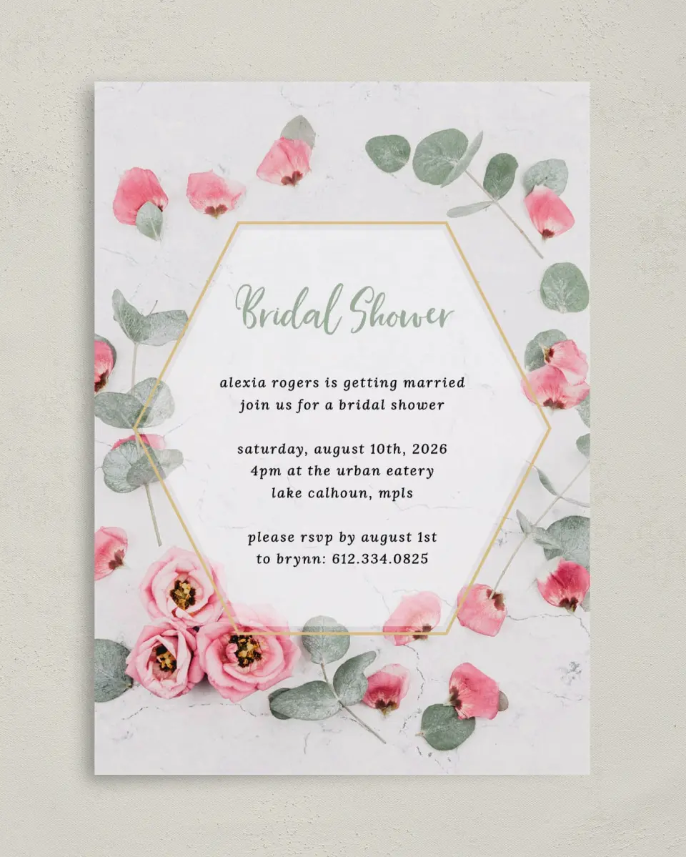 This is a 5" x 7" Bridal Shower Invitation called Bridal Bliss printed in full color with Gold foil on Luxe Satin (coated) paper