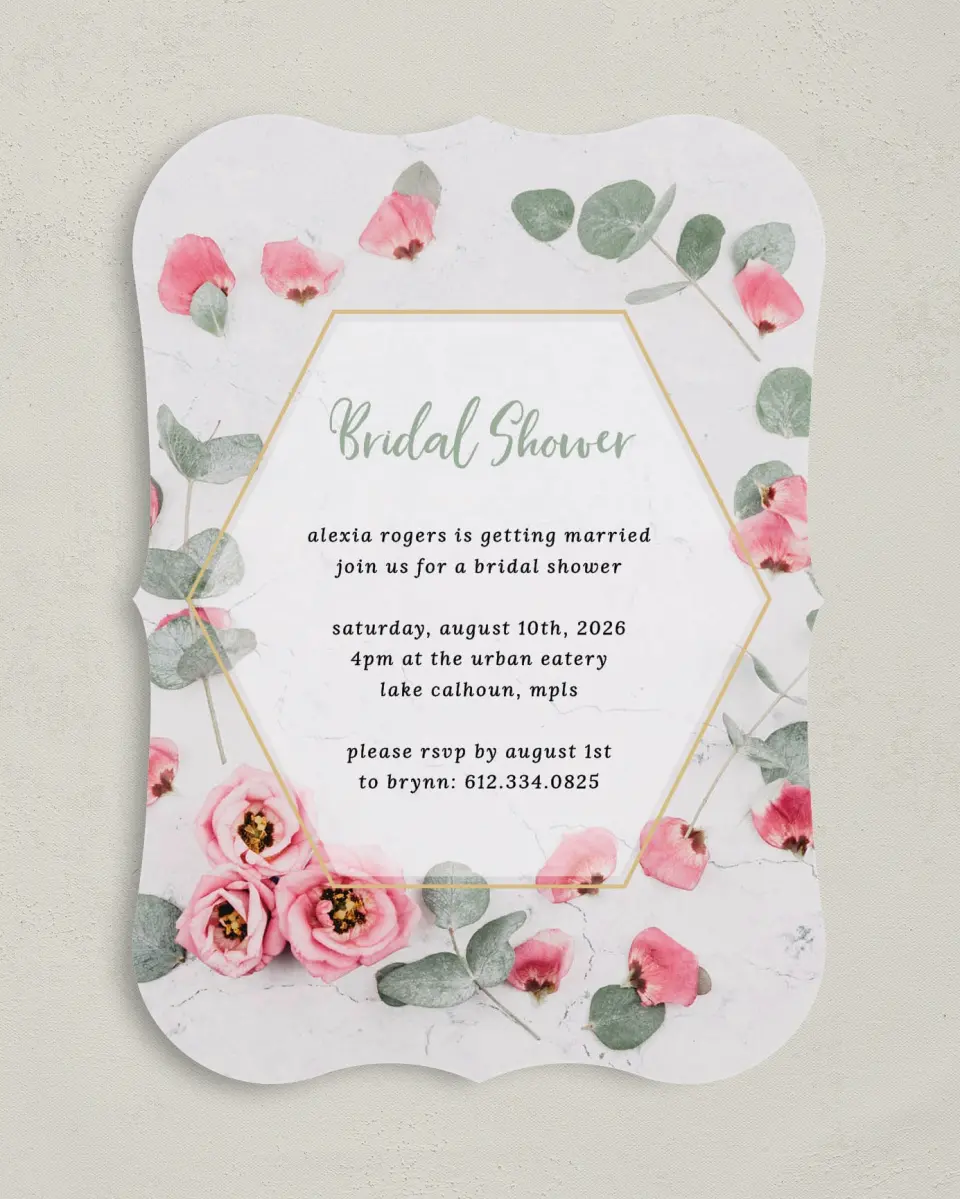 This is a 5" x 7" Bridal Shower Invitation called Bridal Bliss printed in full color on Premium Smooth paper