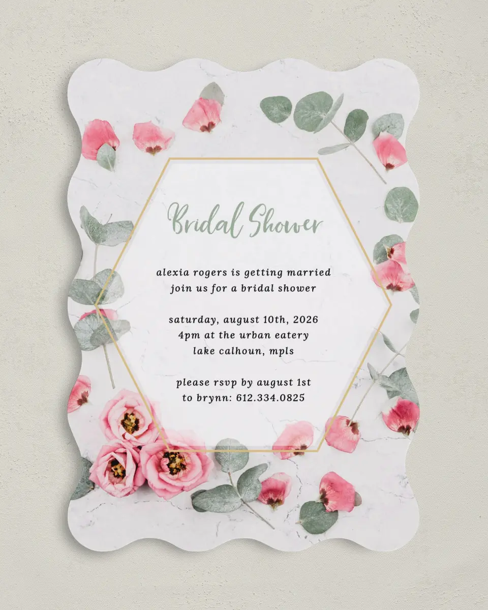 This is a 5" x 7" Bridal Shower Invitation called Bridal Bliss printed in full color with Rose Gold foil on Luxe Satin (coated) paper