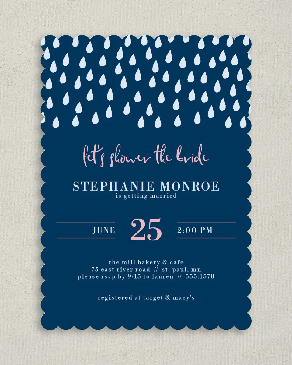This is a 5" x 7" Bridal Shower Invitation called Showered in Style printed in full color on Premium Smooth paper