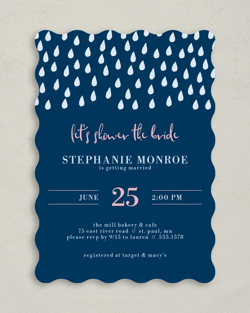 This is a 5" x 7" Bridal Shower Invitation called Showered in Style printed in full color on Premium Smooth paper