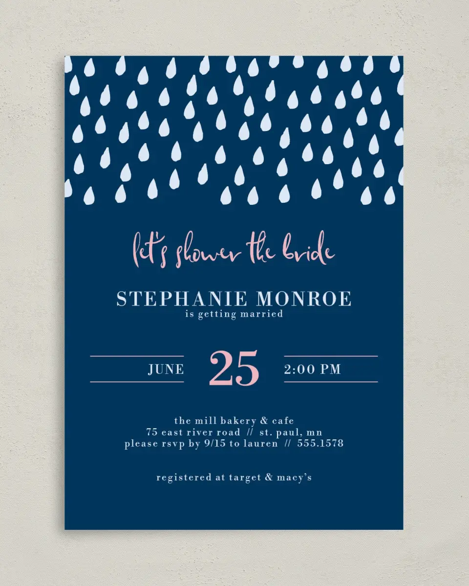 This is a 5" x 7" Bridal Shower Invitation called Showered in Style printed in full color with Rose Gold foil on Luxe Satin (coated) paper
