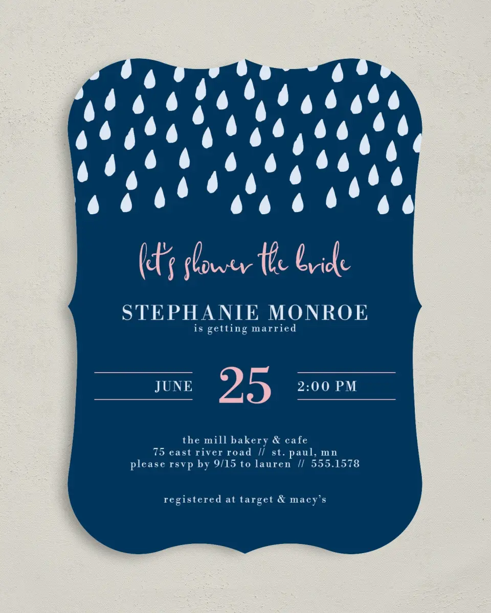 This is a 5" x 7" Bridal Shower Invitation called Showered in Style printed in full color with Silver foil on Luxe Satin (coated) paper