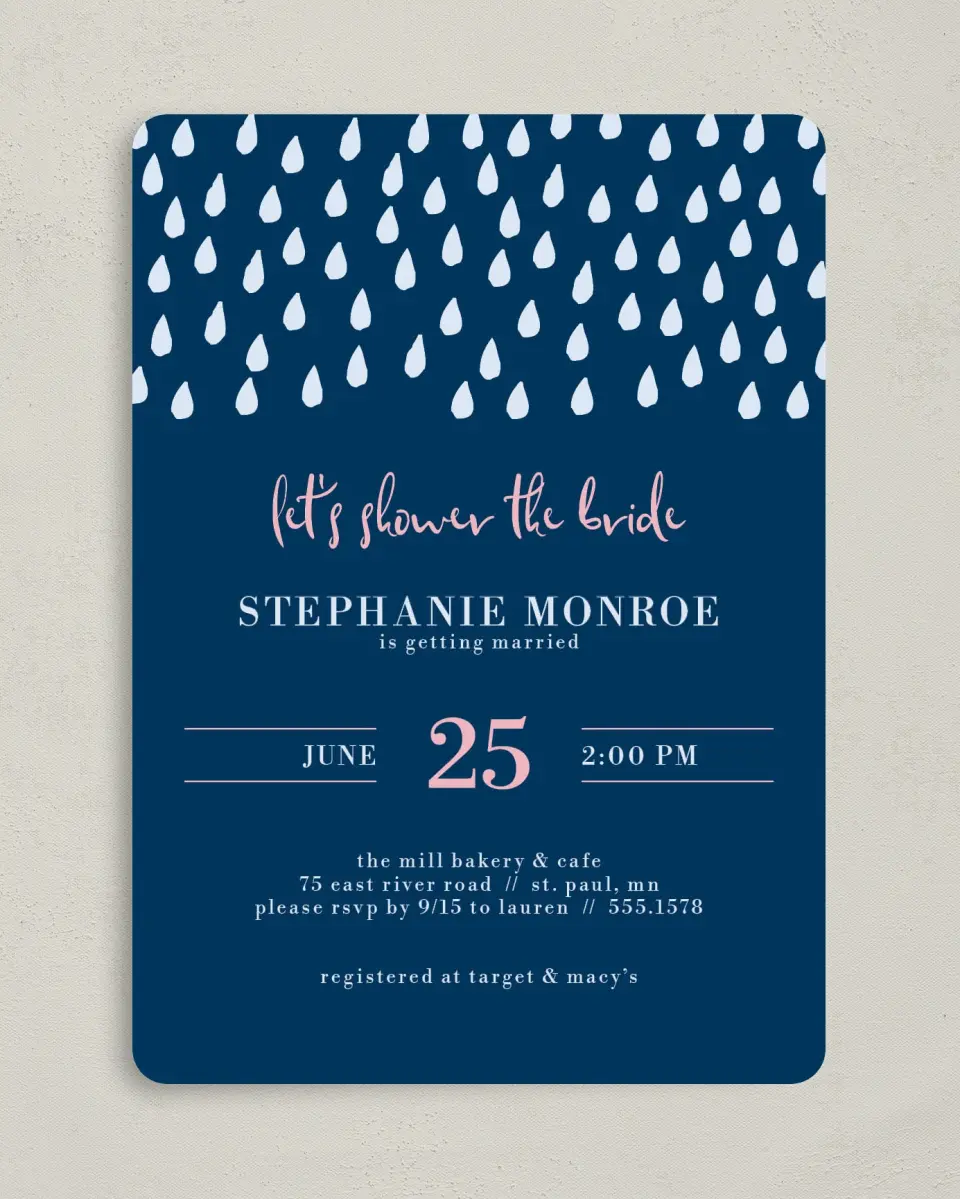 This is a 5" x 7" Bridal Shower Invitation called Showered in Style printed in full color on Premium Smooth paper