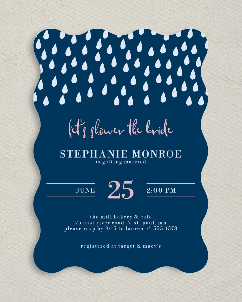 This is a 5" x 7" Bridal Shower Invitation called Showered in Style printed in full color with Gold foil on Luxe Satin (coated) paper