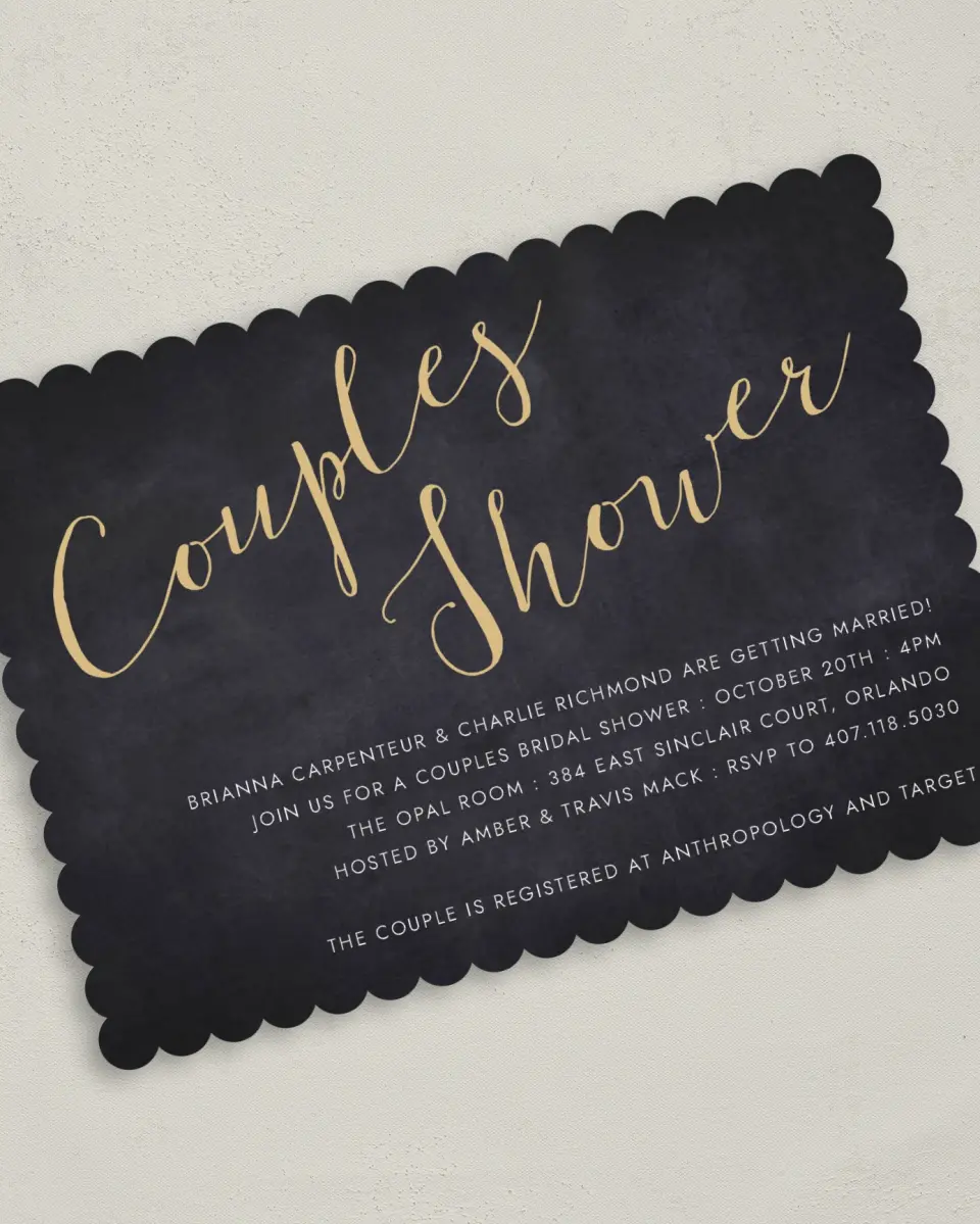 This is a 5" x 7" Bridal Shower Invitation called Couple of the Hour printed in full color with Silver foil on Luxe Satin (coated) paper