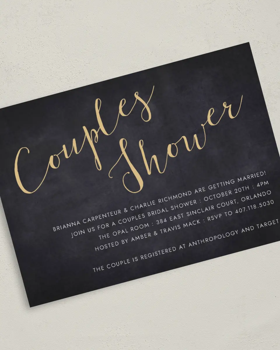 This is a 5" x 7" Bridal Shower Invitation called Couple of the Hour printed in full color with Silver foil on Luxe Satin (coated) paper