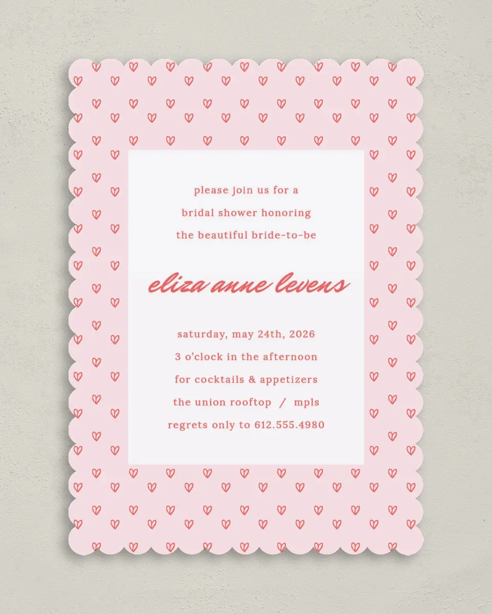 This is a 5" x 7" Bridal Shower Invitation called Hearts Aplenty printed in full color on Premium Smooth paper
