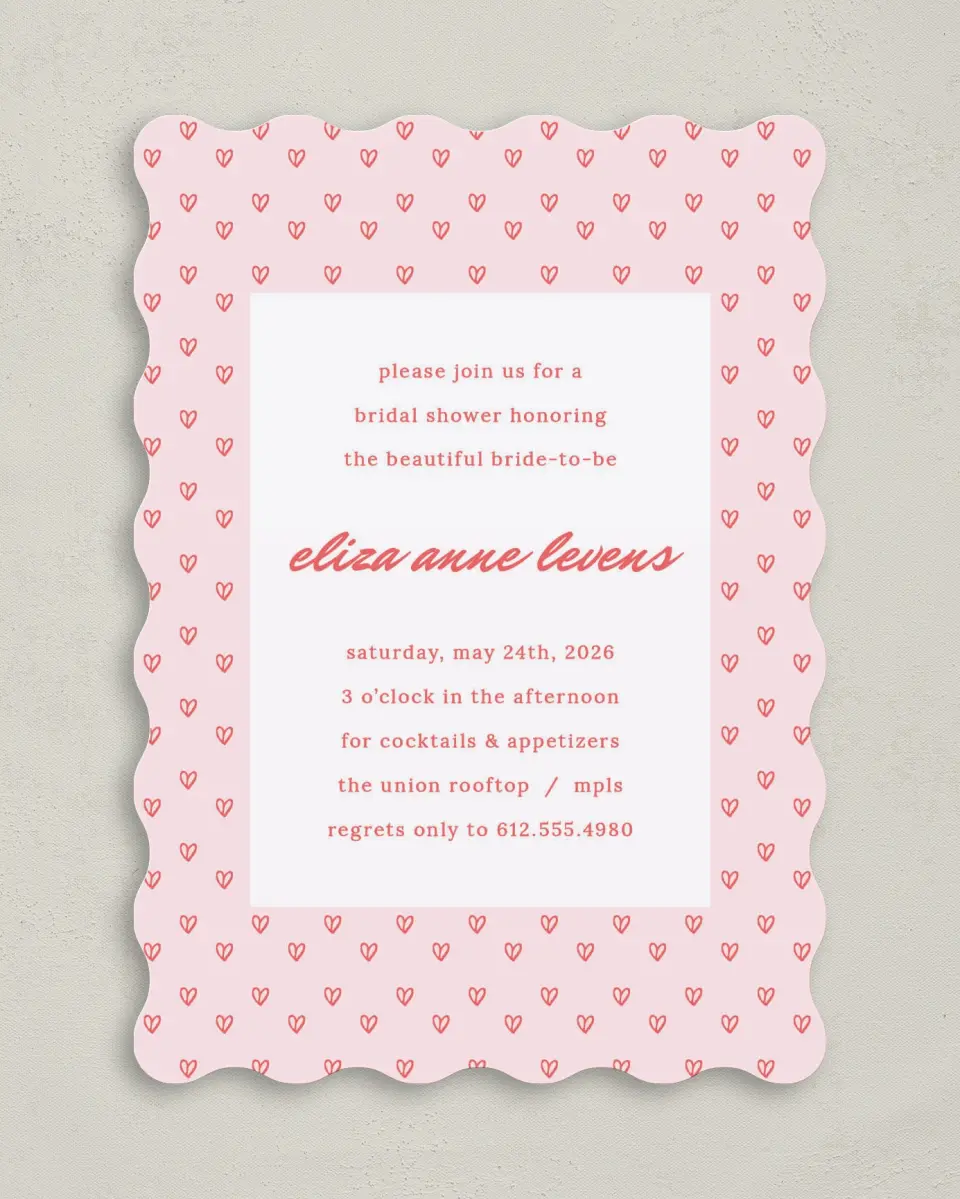 This is a 5" x 7" Bridal Shower Invitation called Hearts Aplenty printed in full color with Gold foil on Luxe Satin (coated) paper