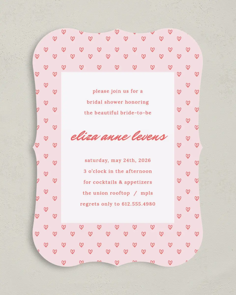 This is a 5" x 7" Bridal Shower Invitation called Hearts Aplenty printed in full color on Premium Smooth paper