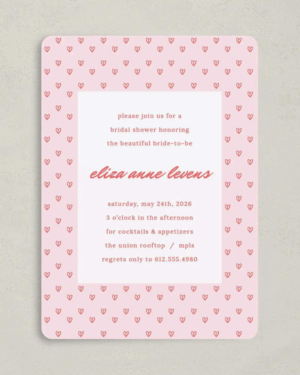 This is a 5" x 7" Bridal Shower Invitation called Hearts Aplenty printed in full color with Gold foil on Luxe Satin (coated) paper