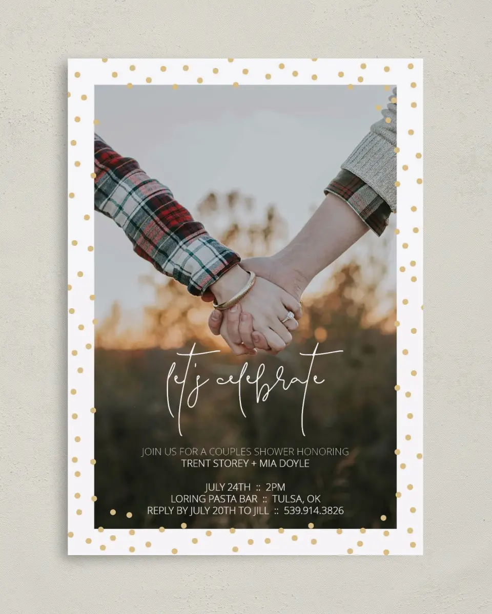 This is a 5" x 7" Bridal Shower Invitation called Dipped Dots printed in full color with Silver foil on Luxe Satin (coated) paper