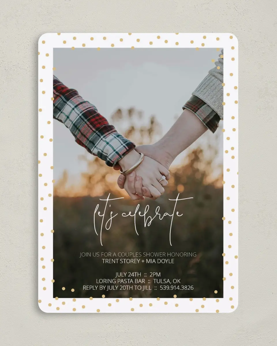 This is a 5" x 7" Bridal Shower Invitation called Dipped Dots printed in full color on Premium Smooth paper