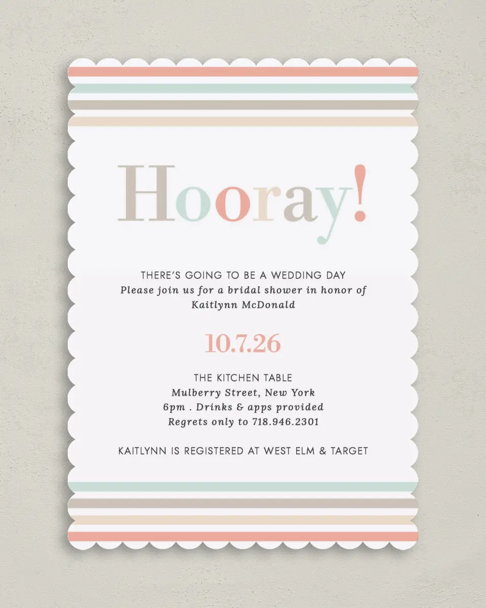 This is a 5" x 7" Bridal Shower Invitation called Stripey Delight printed in full color on Premium Smooth paper