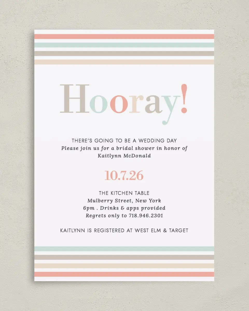 This is a 5" x 7" Bridal Shower Invitation called Stripey Delight printed in full color with Gold foil on Luxe Satin (coated) paper