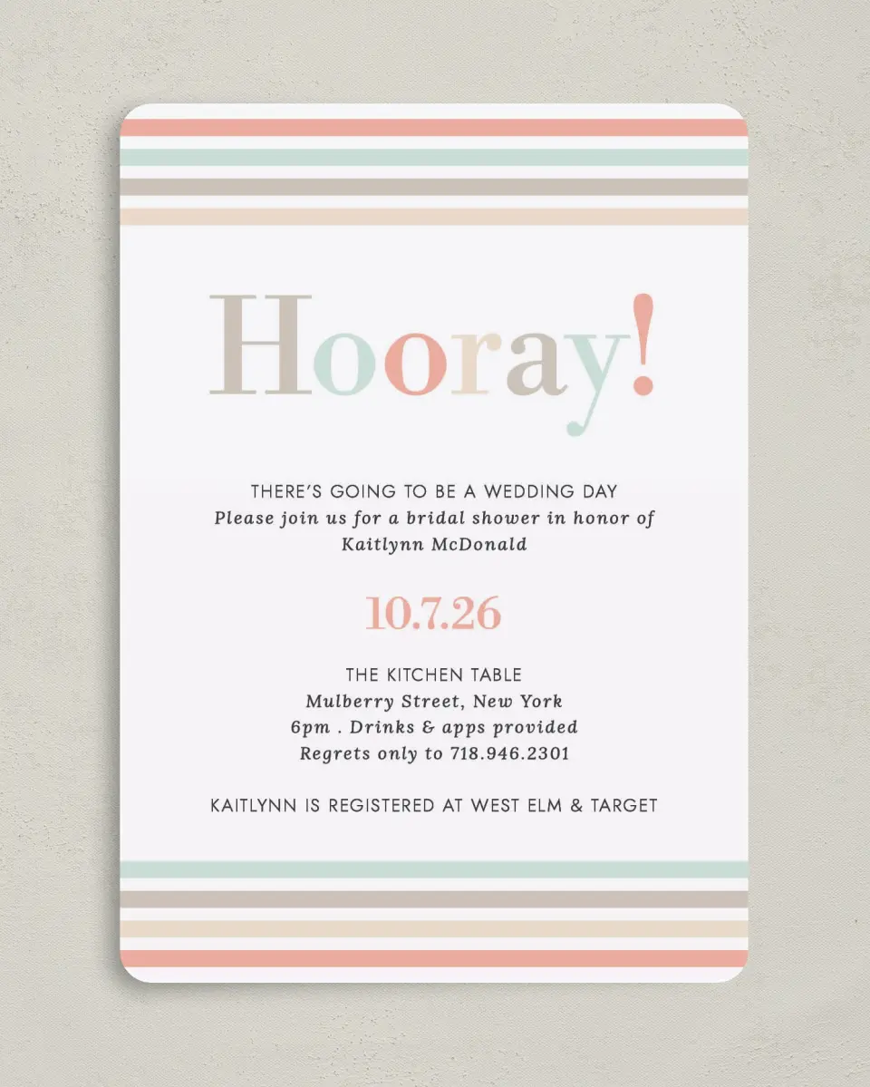 This is a 5" x 7" Bridal Shower Invitation called Stripey Delight printed in full color on Premium Smooth paper