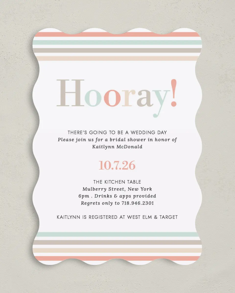 This is a 5" x 7" Bridal Shower Invitation called Stripey Delight printed in full color with Gold foil on Luxe Satin (coated) paper