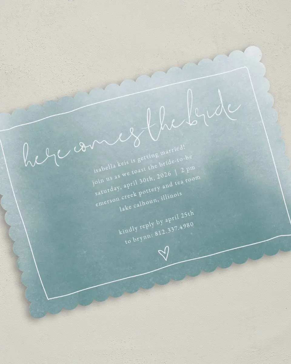 This is a 5" x 7" Bridal Shower Invitation called Hearts Together printed in full color with Silver foil on Luxe Satin (coated) paper