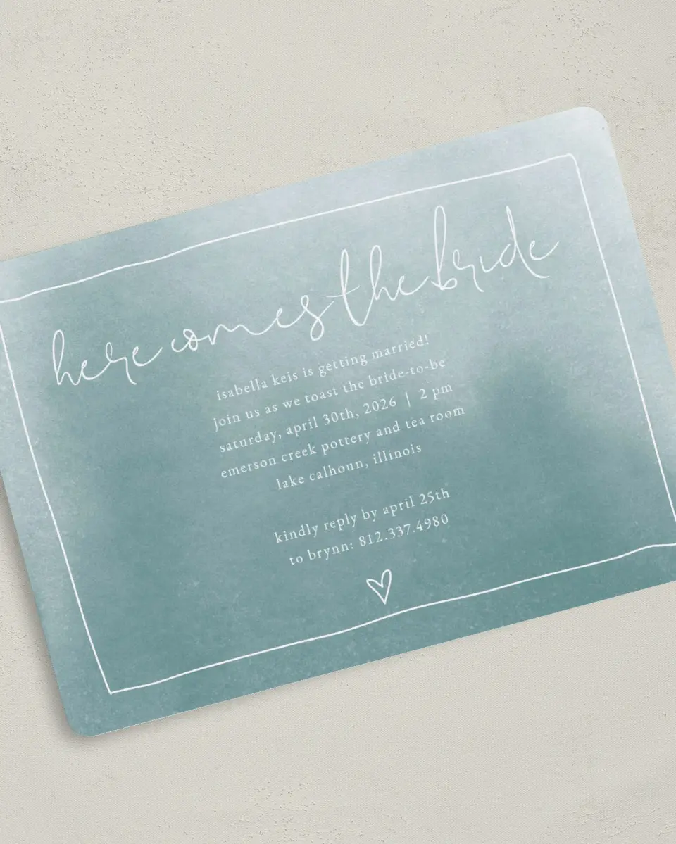 This is a 5" x 7" Bridal Shower Invitation called Hearts Together printed in full color with Gold foil on Luxe Satin (coated) paper
