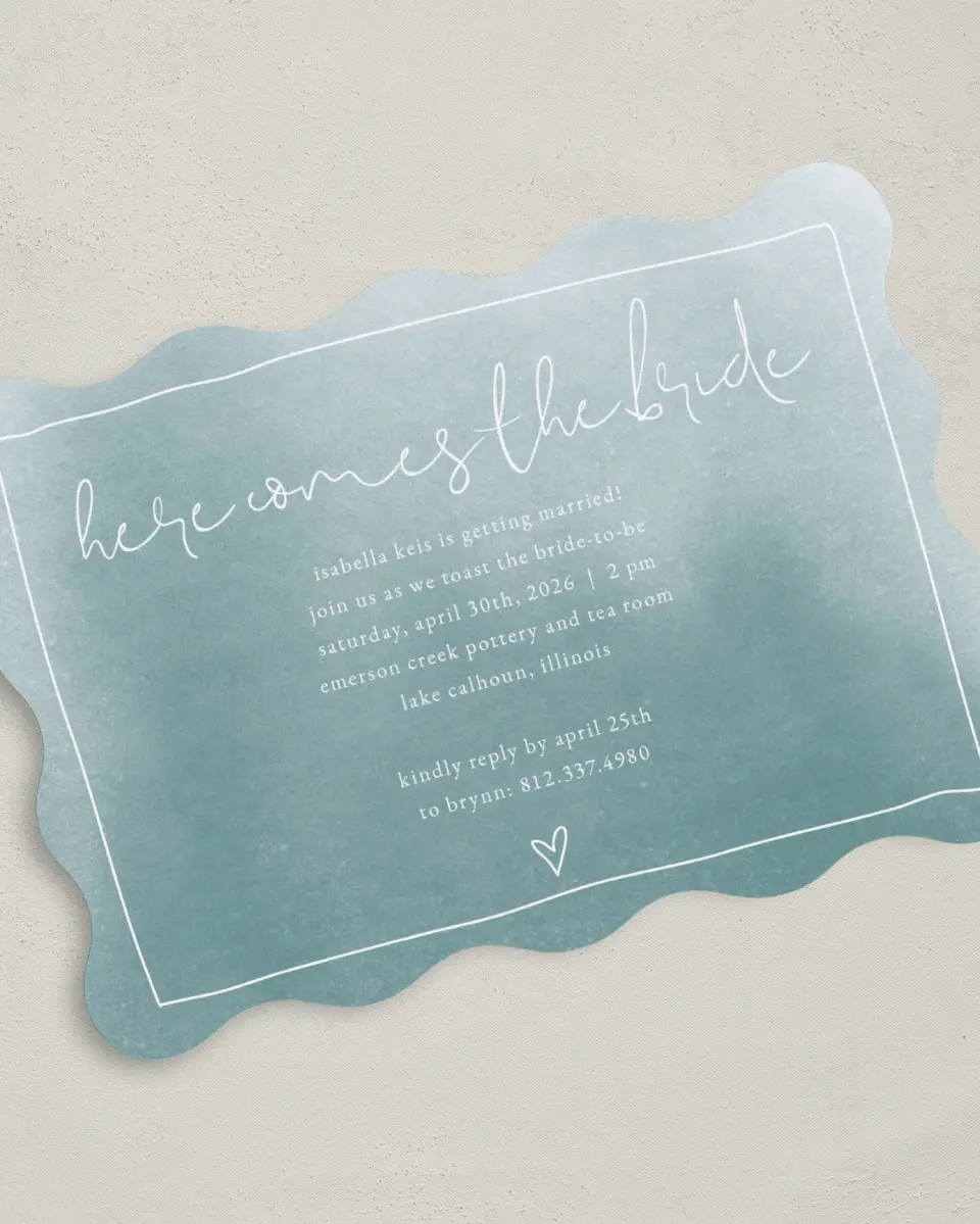 This is a 5" x 7" Bridal Shower Invitation called Hearts Together printed in full color with Silver foil on Luxe Satin (coated) paper