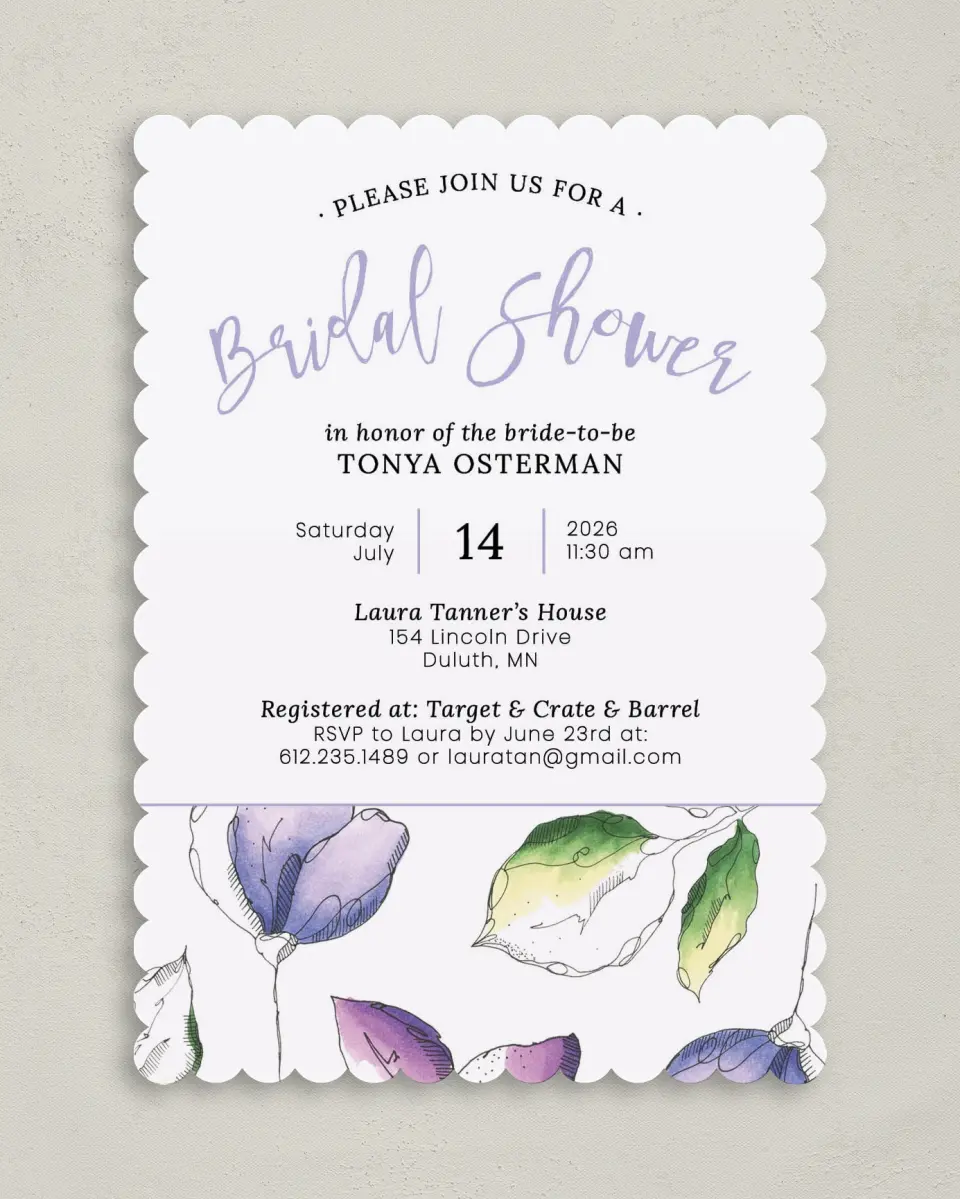 This is a 5" x 7" Bridal Shower Invitation called Shower Flowers printed in full color on Premium Smooth paper