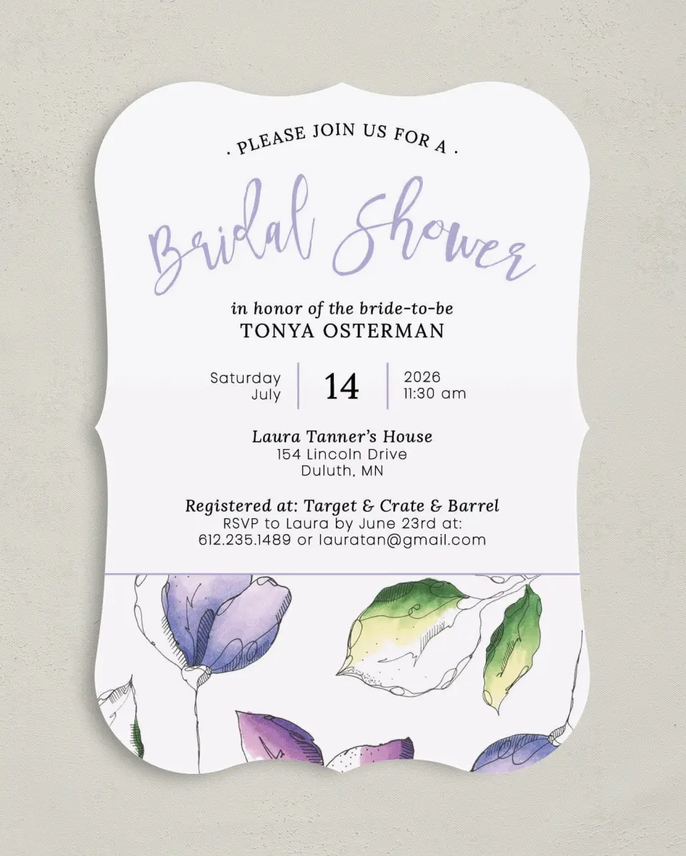 This is a 5" x 7" Bridal Shower Invitation called Shower Flowers printed in full color on Premium Smooth paper