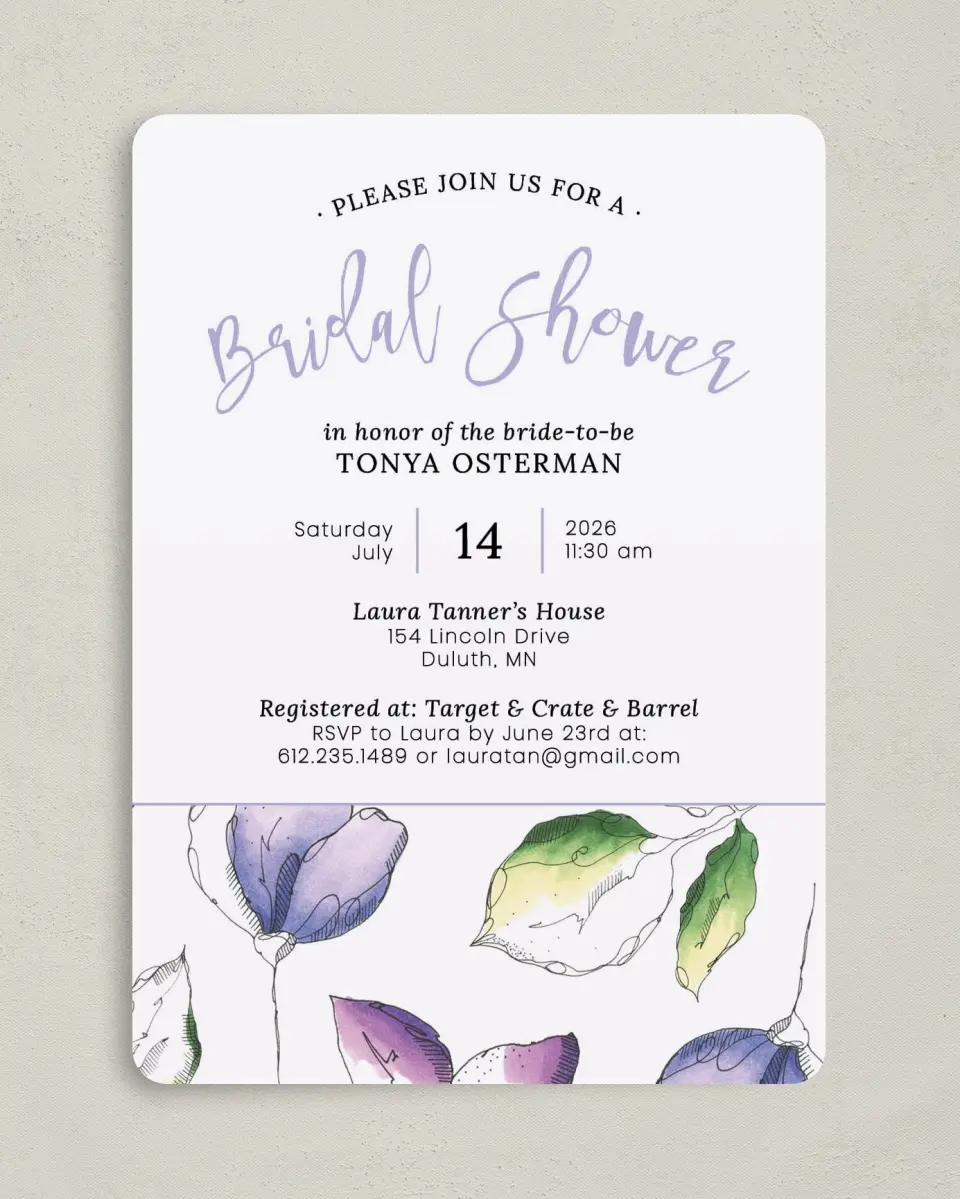 This is a 5" x 7" Bridal Shower Invitation called Shower Flowers printed in full color with Silver foil on Luxe Satin (coated) paper
