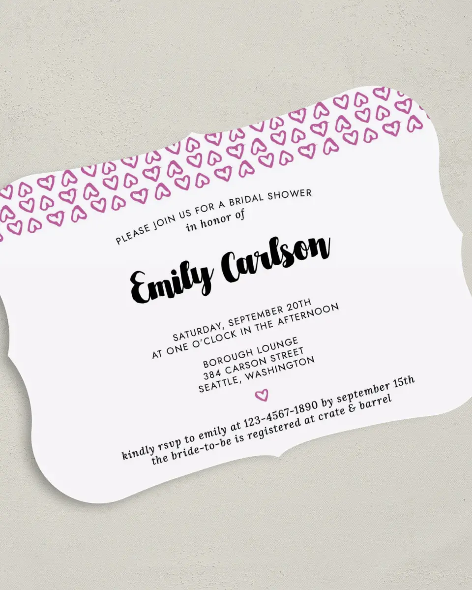 This is a 5" x 7" Bridal Shower Invitation called Whimsy Hearts printed in full color on Premium Smooth paper