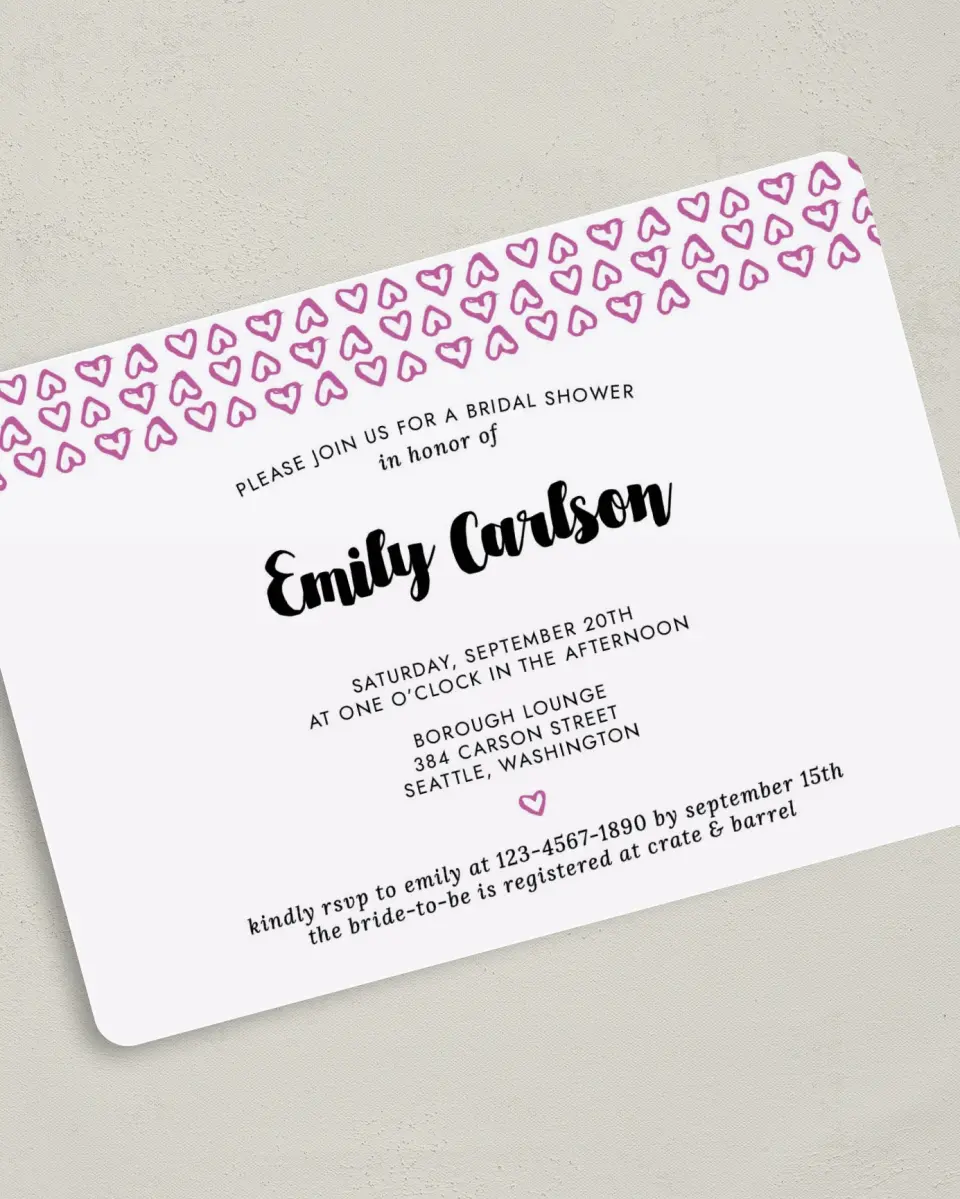 This is a 5" x 7" Bridal Shower Invitation called Whimsy Hearts printed in full color on Premium Smooth paper