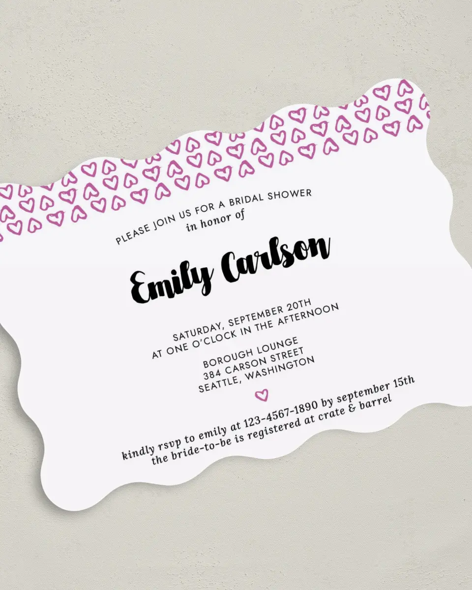 This is a 5" x 7" Bridal Shower Invitation called Whimsy Hearts printed in full color on Premium Smooth paper