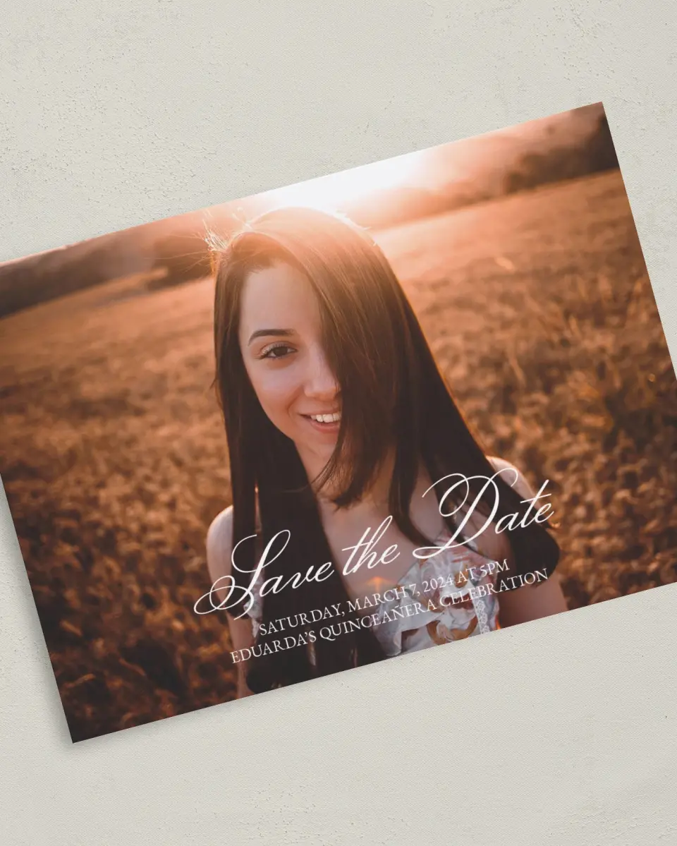 This is a 5" x 7" Quinceanera Save the Date called Blissful Bouquet printed in full color on Premium Smooth paper