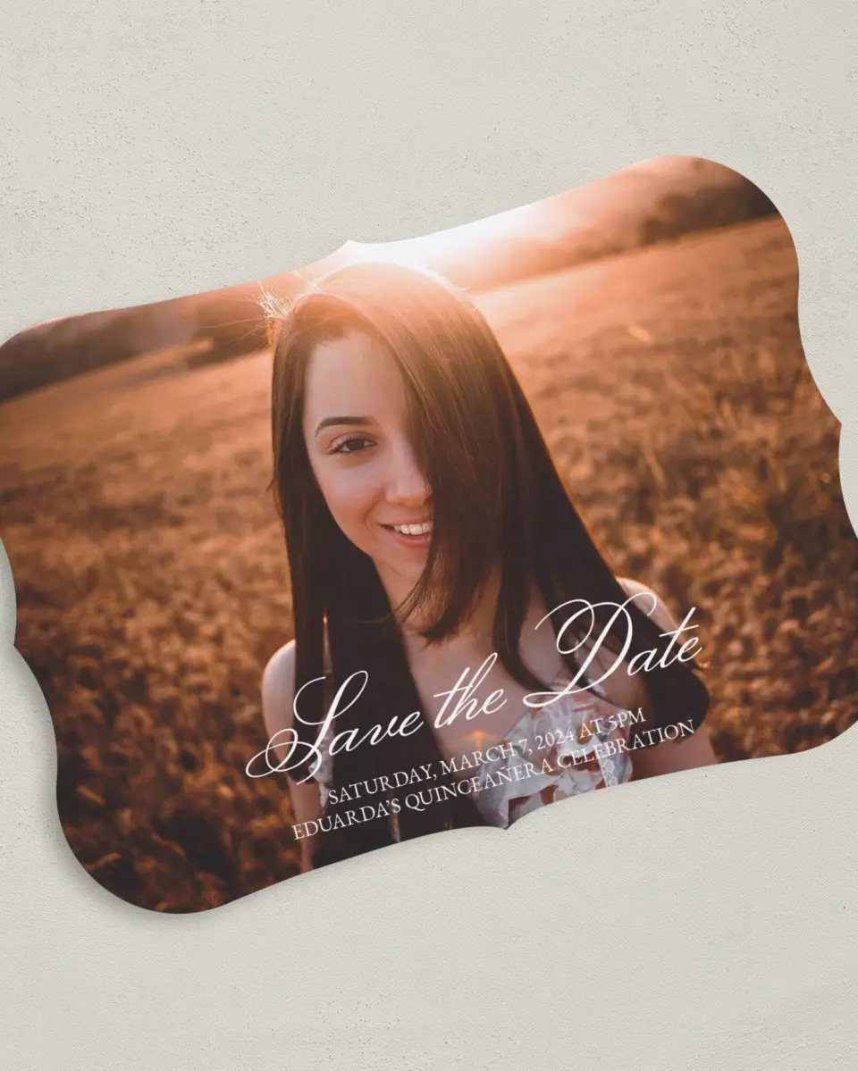 This is a 5" x 7" Quinceanera Save the Date called Blissful Bouquet printed in full color on Premium Smooth paper