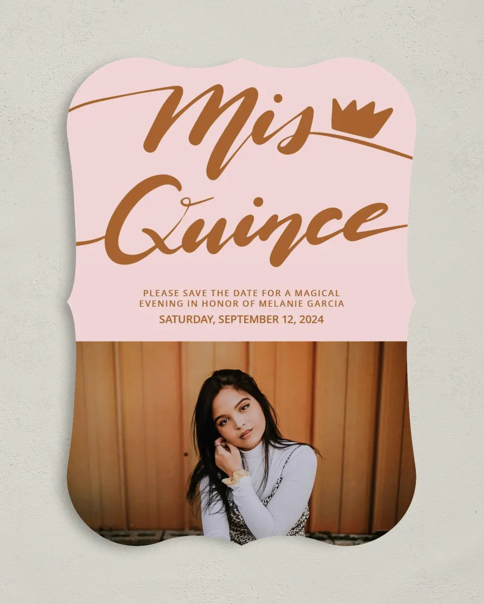 This is a 5" x 7" Quinceanera Save the Date called Magical Crown printed in full color on Premium Smooth paper