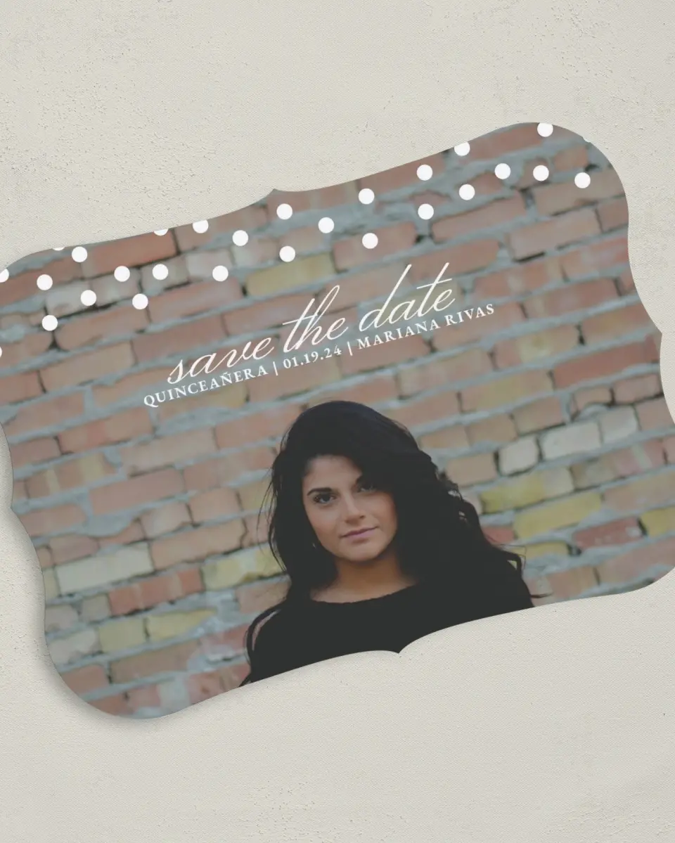 This is a 5" x 7" Quinceanera Save the Date called Dramatic Debut printed in full color on Premium Smooth paper