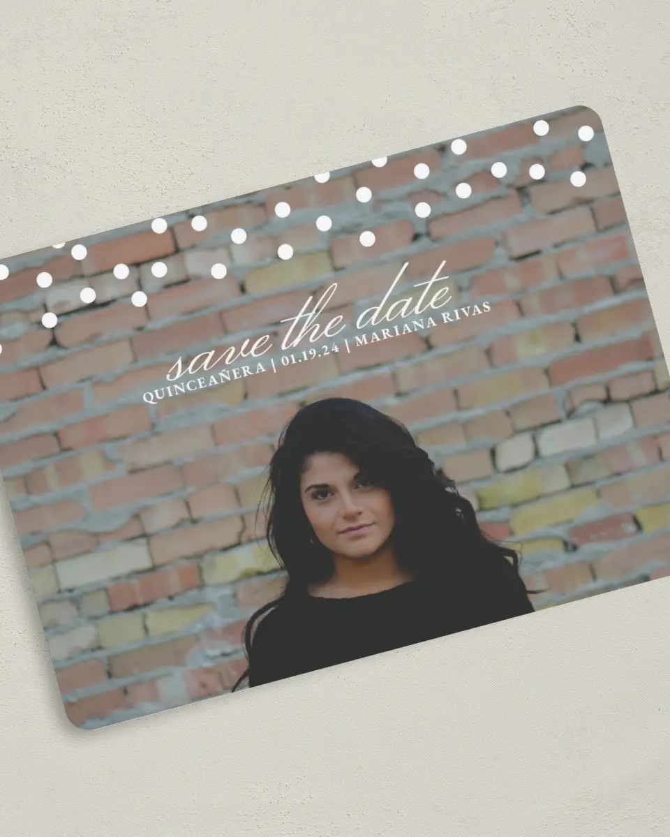 This is a 5" x 7" Quinceanera Save the Date called Dramatic Debut printed in full color on Premium Smooth paper