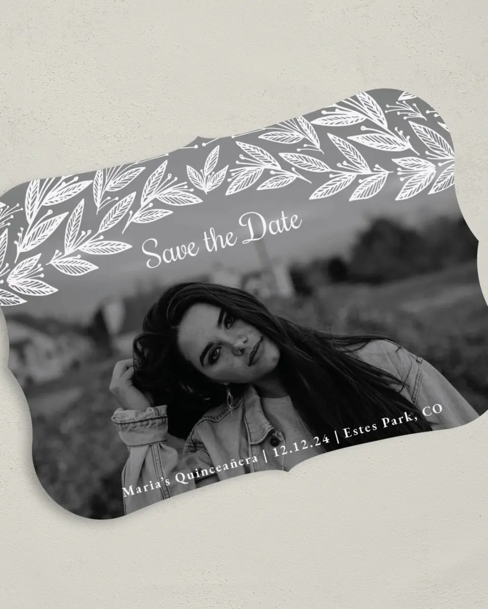 This is a 5" x 7" Quinceanera Save the Date called Splash of Sprigs printed in full color on Premium Smooth paper