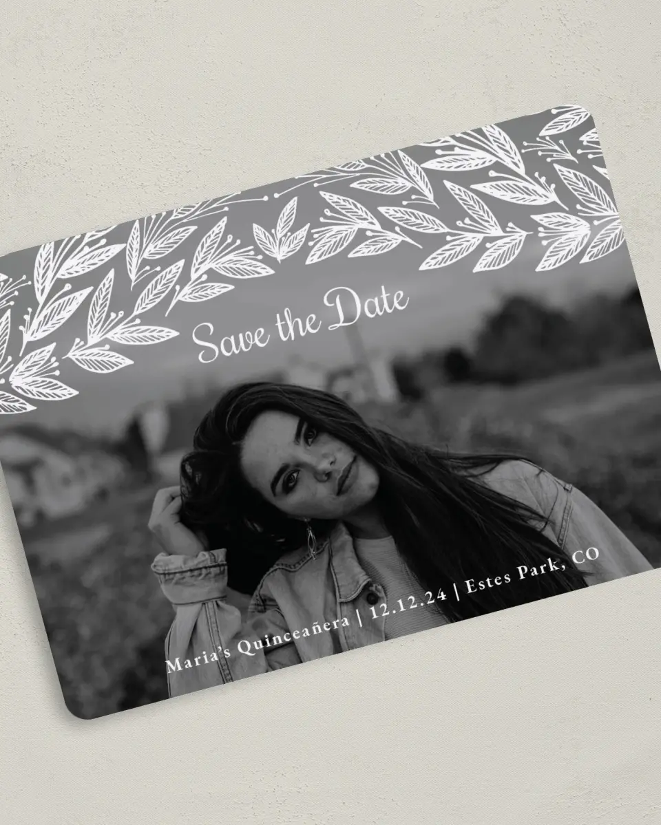 This is a 5" x 7" Quinceanera Save the Date called Splash of Sprigs printed in full color on Premium Smooth paper