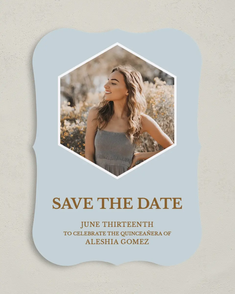 This is a 5" x 7" Quinceanera Save the Date called Swashed Sophisticate printed in full color on Premium Smooth paper