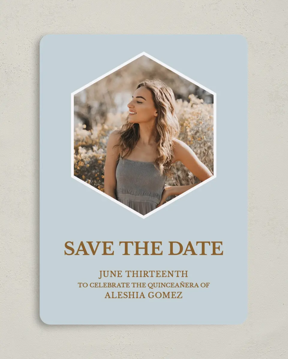 This is a 5" x 7" Quinceanera Save the Date called Swashed Sophisticate printed in full color on Premium Smooth paper