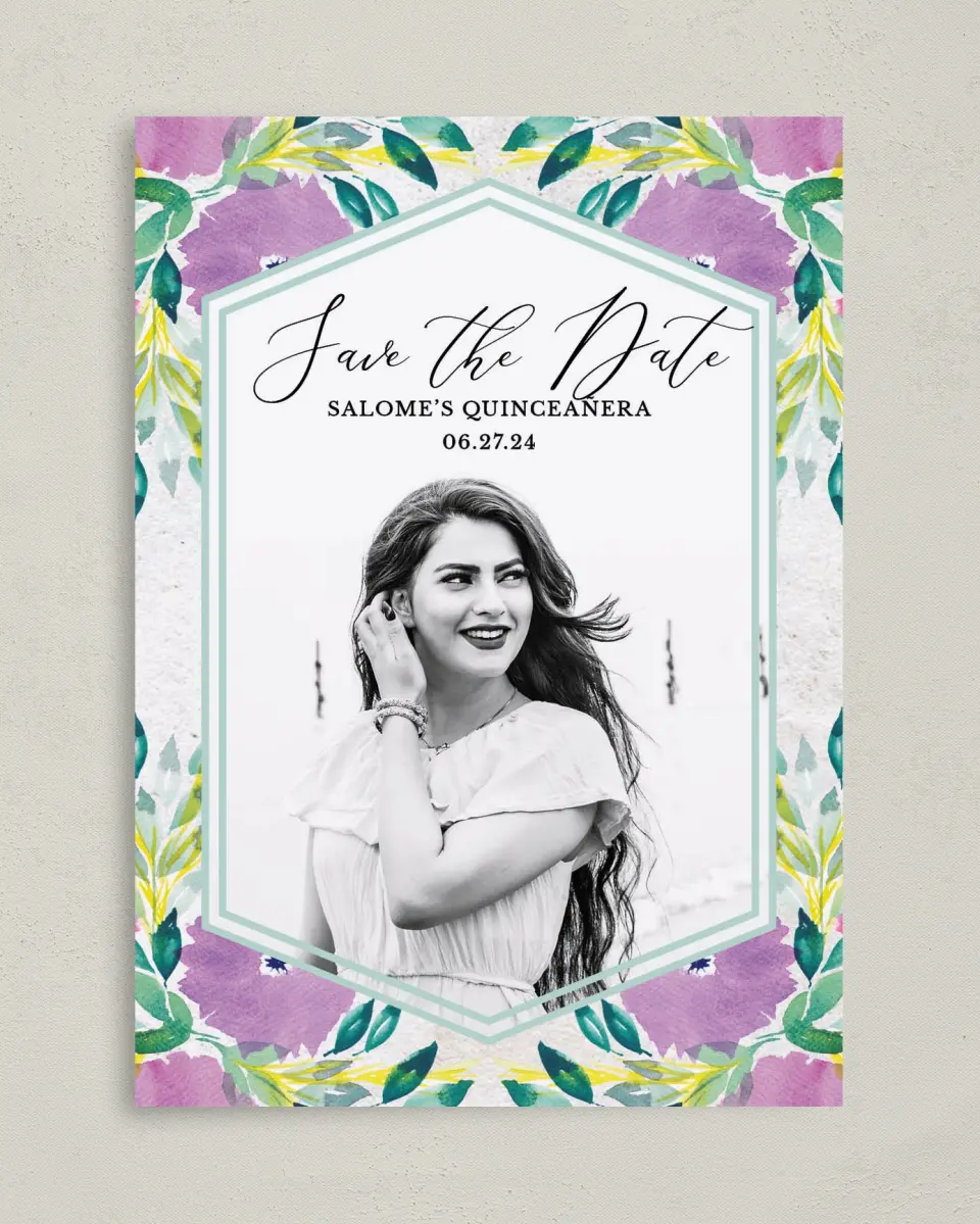 This is a 5" x 7" Quinceanera Save the Date called Watercolor Wow printed in full color on Premium Smooth paper
