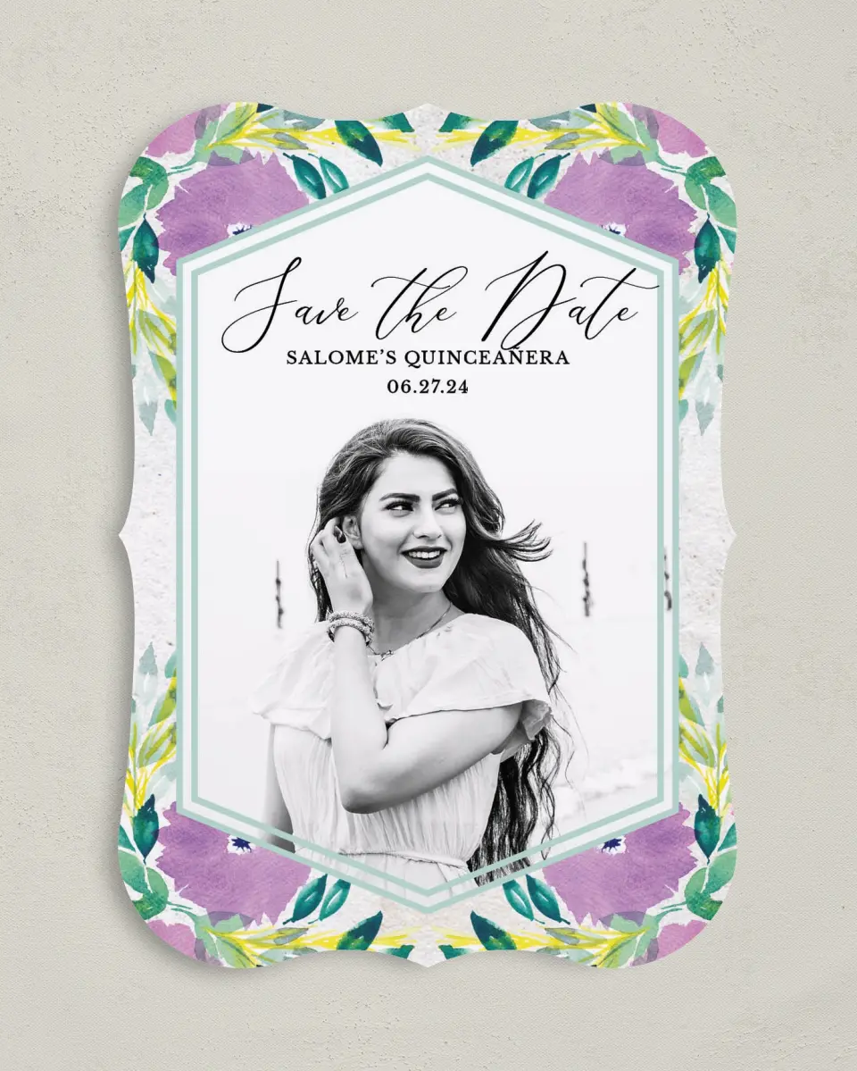 This is a 5" x 7" Quinceanera Save the Date called Watercolor Wow printed in full color on Premium Smooth paper