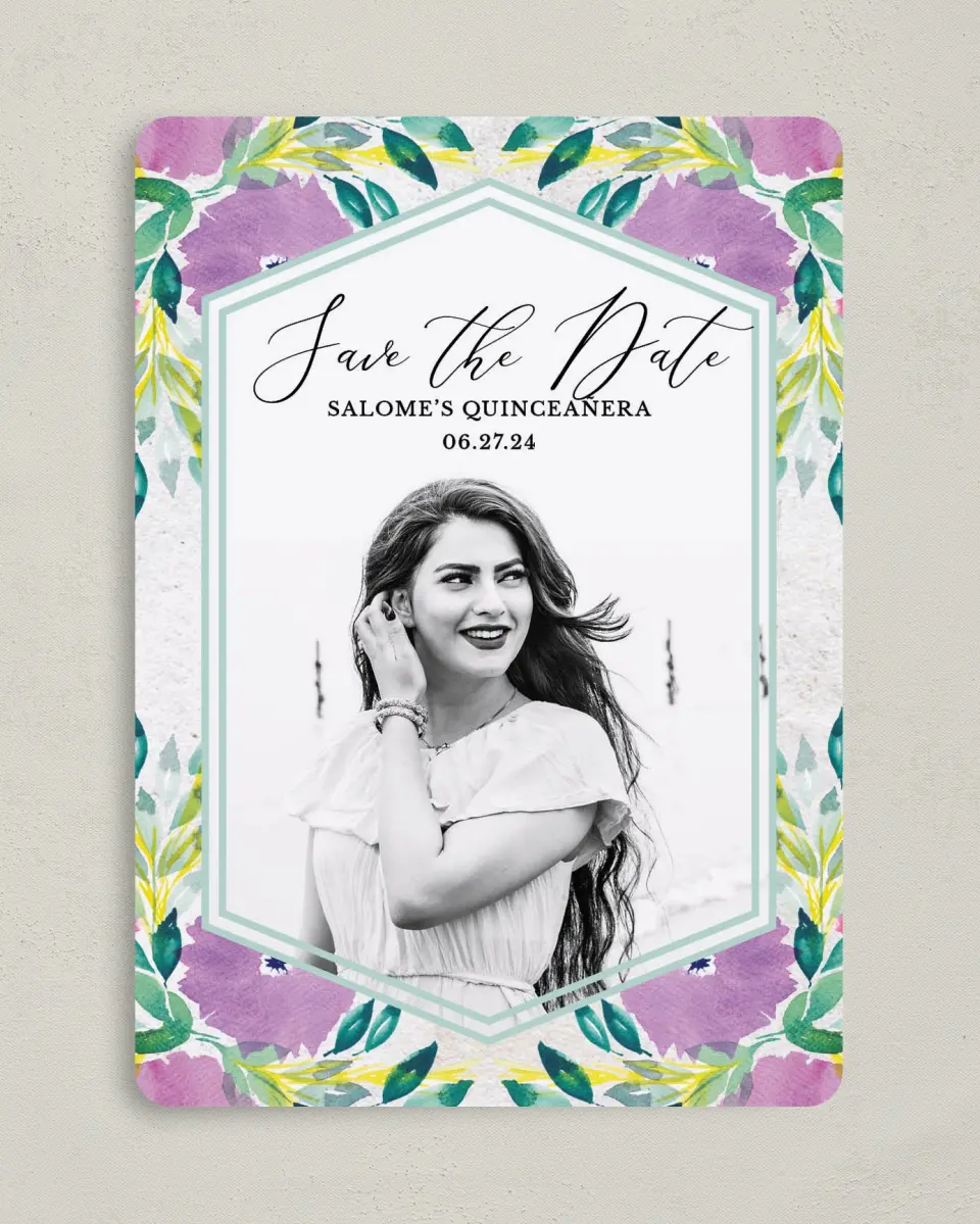 This is a 5" x 7" Quinceanera Save the Date called Watercolor Wow printed in full color on Premium Smooth paper