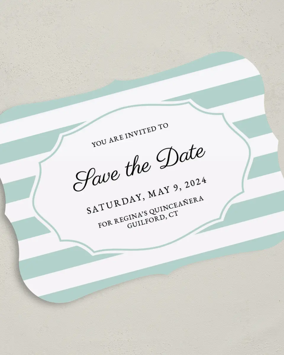 This is a 5" x 7" Quinceanera Save the Date called Stripe Devotion printed in full color on Premium Smooth paper