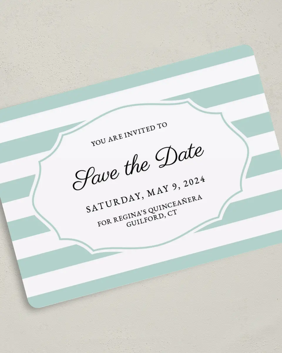 This is a 5" x 7" Quinceanera Save the Date called Stripe Devotion printed in full color on Premium Smooth paper