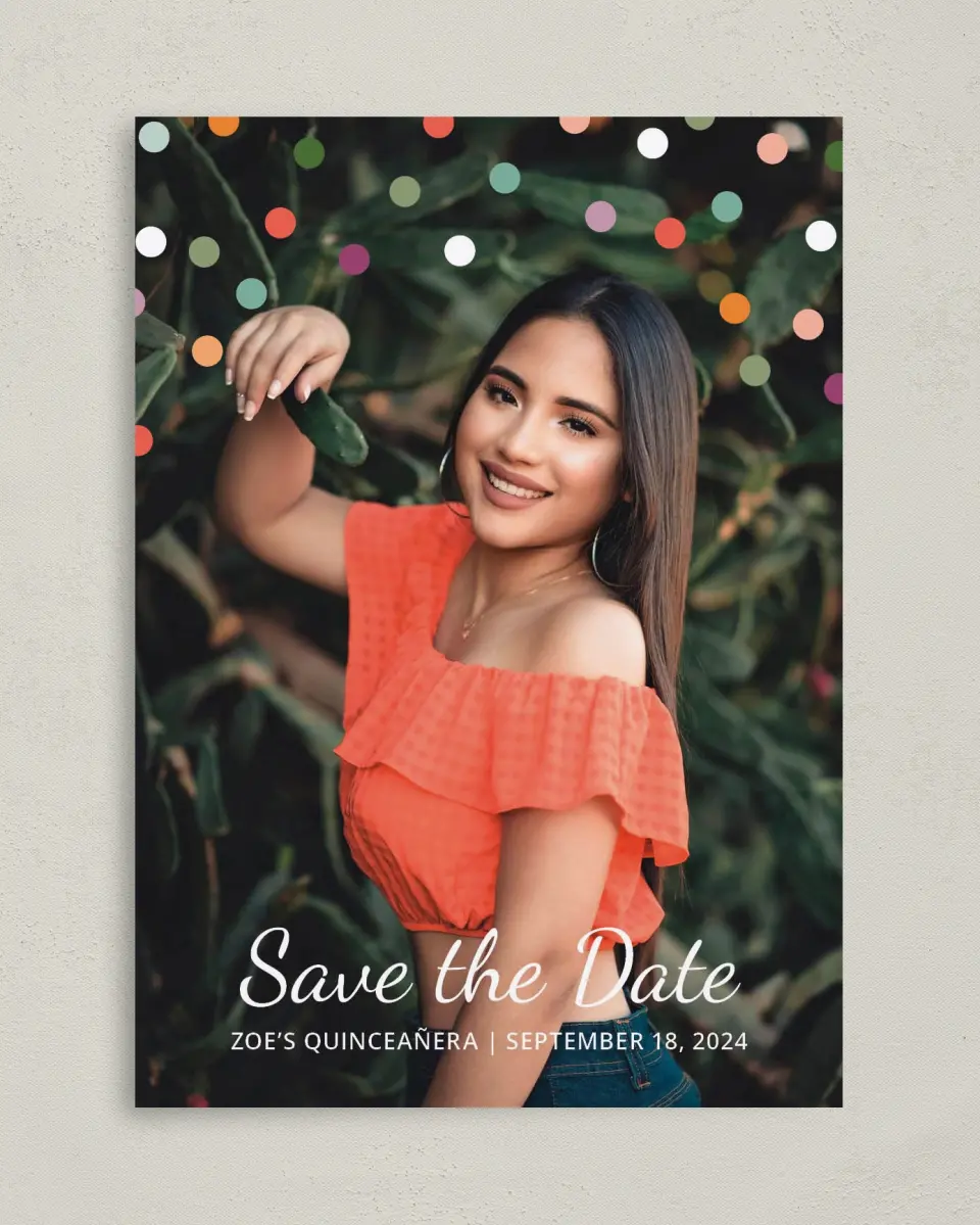 This is a 5" x 7" Quinceanera Save the Date called Radiant Dots printed in full color on Premium Smooth paper